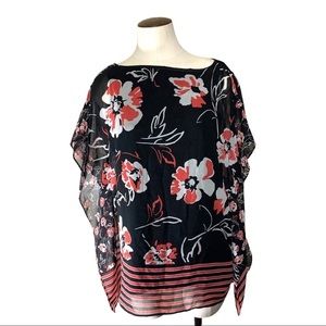 Calvin Klein Breezy Black Floral Shirt Boat Neck Size XS Loose Fit Tunic Top